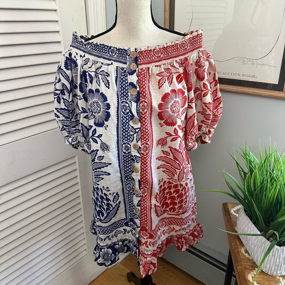 FARM Rio Off-Shoulder Split Floral Tunic in Red and Blue